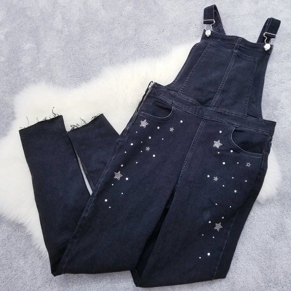 H&M Denim - H&M Black Overalls w/Bejeweled Stars Ripped Jeans